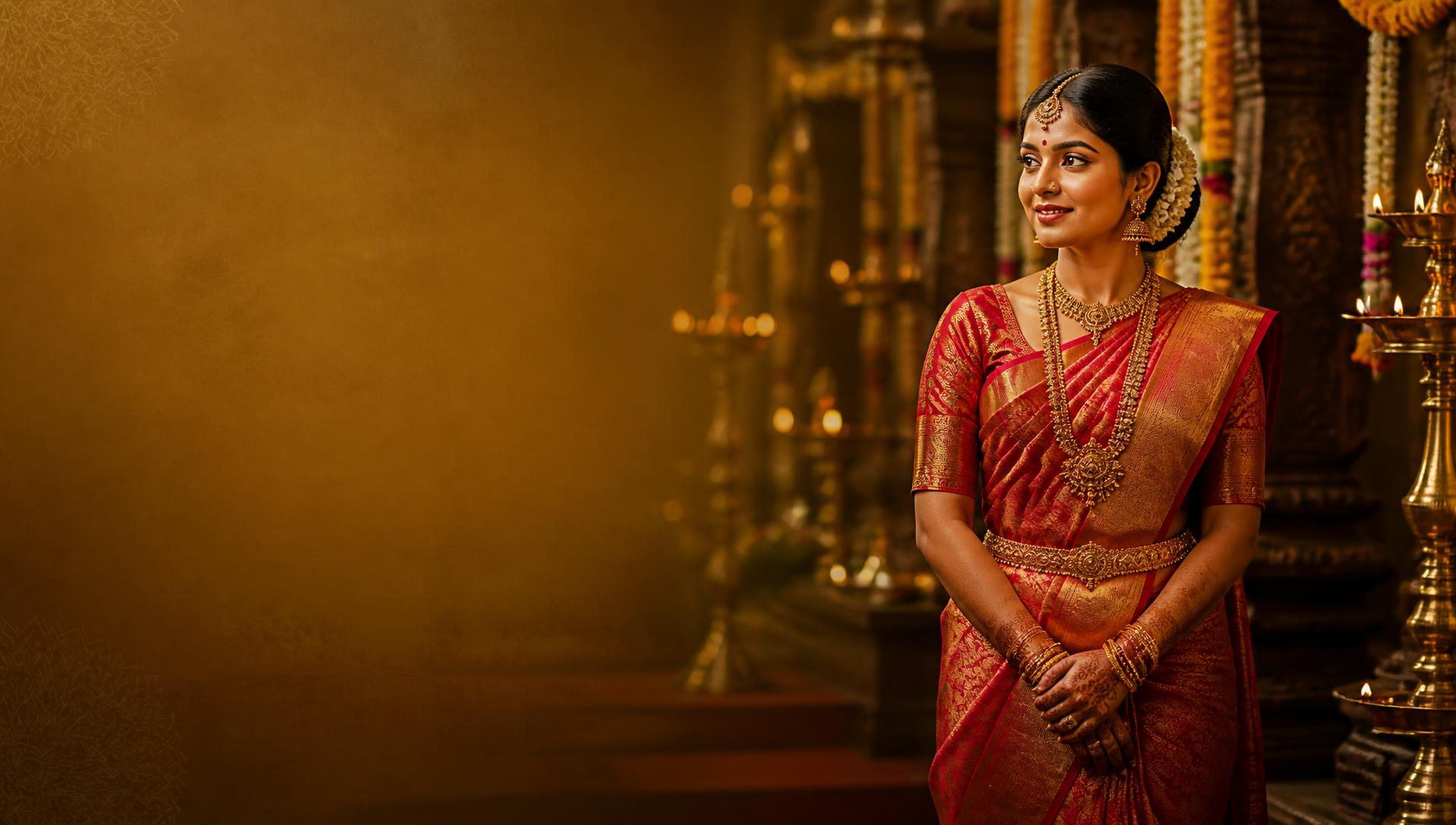 Bride draped in a deep red Kanchipuram bridal silk saree with a wide gold zari border and temple jewellery